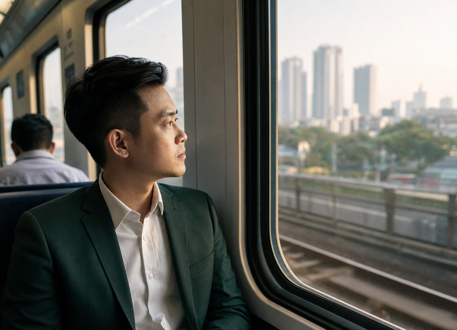 A commuter looking through a train window