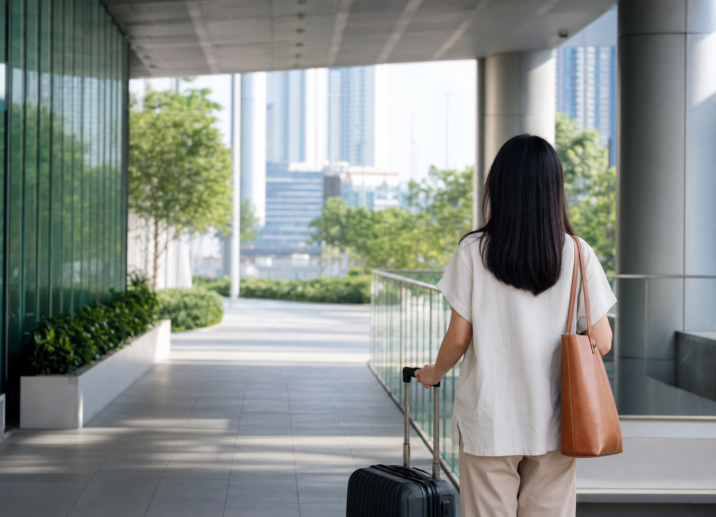 A traveller planning a stay near a modern city concourse
