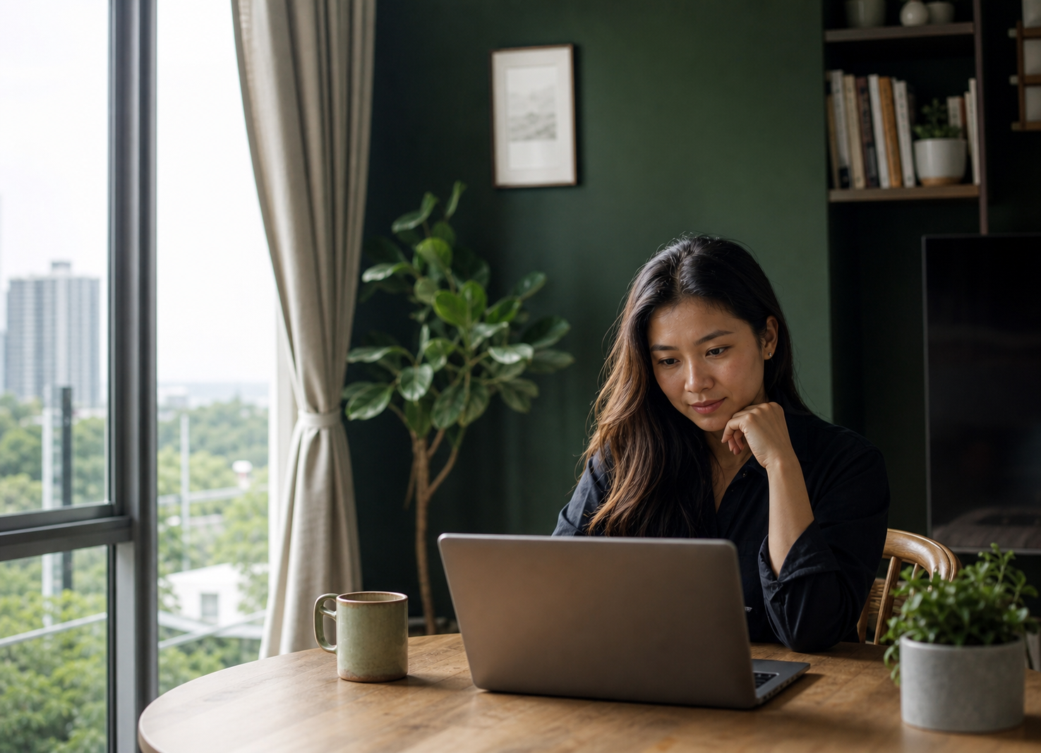 A buyer planning at home by a window